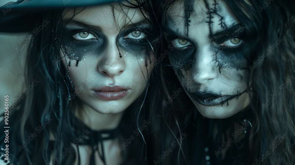 Two Women with Dark Makeup and Intriguing Expressions Two Women with Dark Makeup and Intriguing Expressions