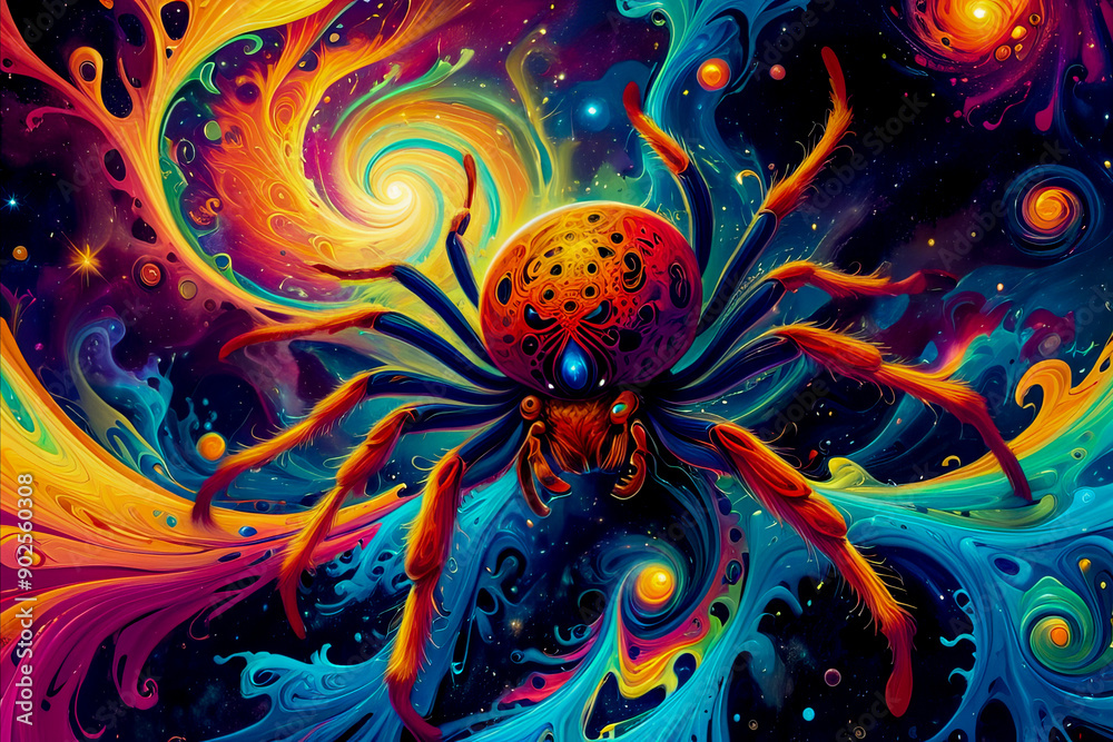 Spider in fractals and swirls of psychedelic art