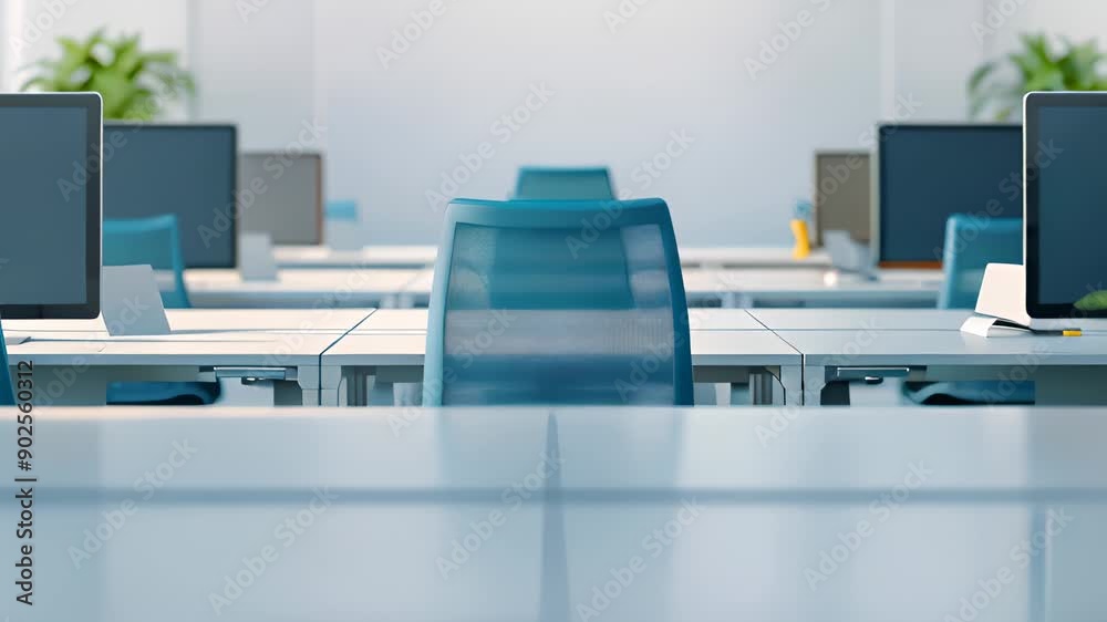 Modern open-plan office with blue chairs and computer monitors, decorated with plants, creating a clean and professional workspace. Modern open-plan office with blue chairs and computer monitors, decorated with plants, creating a clean and professional workspace.