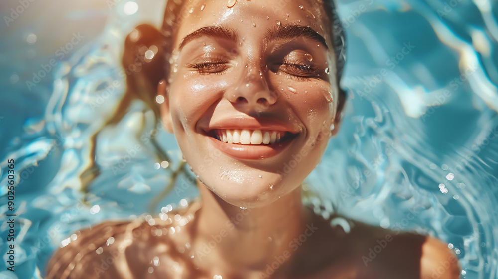 A dewy-skinned woman basking in the joy of summer, her beautiful face radiating wellness by the pool. A dewy-skinned woman basking in the joy of summer, her beautiful face radiating wellness by the pool.