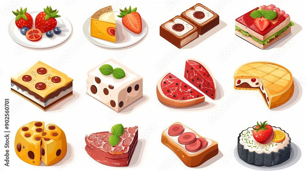 3D Isometric Cartoon Food Set Isolated on White Background 3D Isometric Cartoon Food Set Isolated on White Background