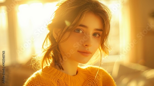 A stunning woman basks in warm, golden sunlight while relaxing indoors