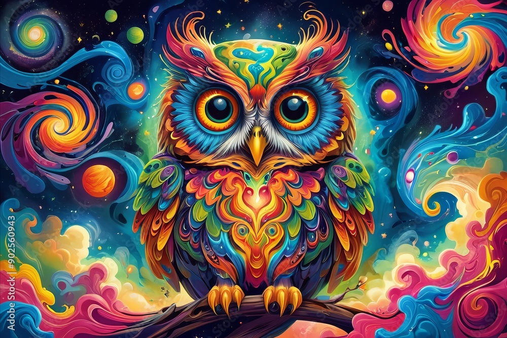 Fototapeta Owl bird in fractals and swirls of psychedelic art