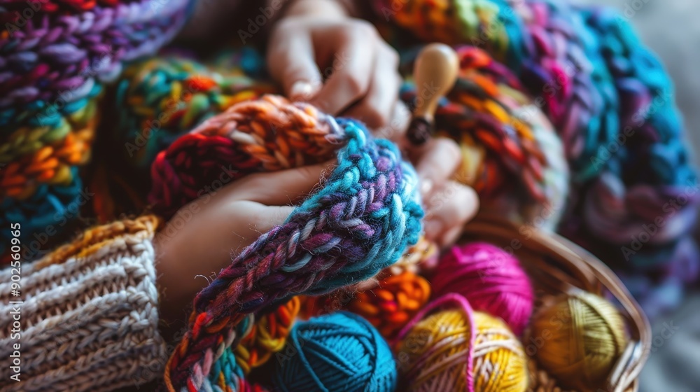 Hands are engaged in knitting a vibrant scarf, surrounded by colorful yarns in a warm, inviting setting Hands are engaged in knitting a vibrant scarf, surrounded by colorful yarns in a warm, inviting setting