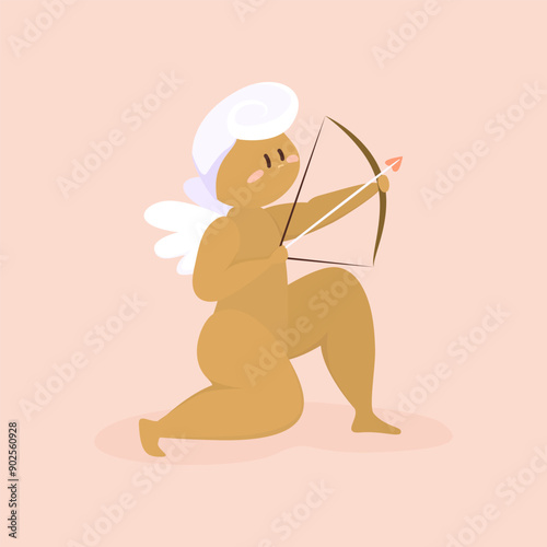 Simple vector drawing of a cute blonde angel with a bow and arrow on a pink background. Postcard with the image of a little zodiac sagittarius