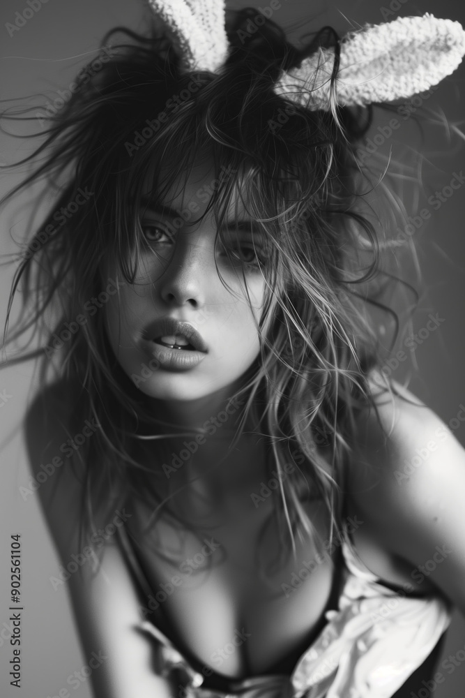 black and white photo of an attractive woman with messy hair wearing bunny ears, fashion photography, magazine cover