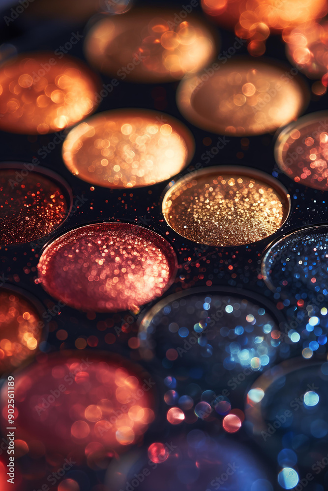 macro texture of open palette of eye shadow is decorated with glitter and sparkles, close-up. In an elegant box for make up in autumn shades macro texture of open palette of eye shadow is decorated with glitter and sparkles, close-up. In an elegant box for make up in autumn shades