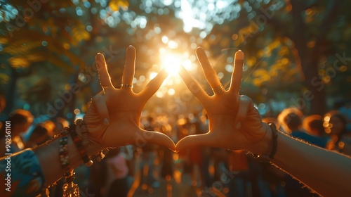 A diverse group of people forming a peace sign with their hands in a serene park setting, more clarity with clear light and sharp focus, high detailed photo