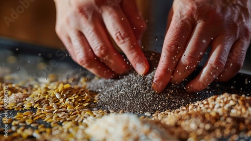 Hands blend ground flaxseed and chia seeds, creating a nutritious mixture in a cozy kitchen environment