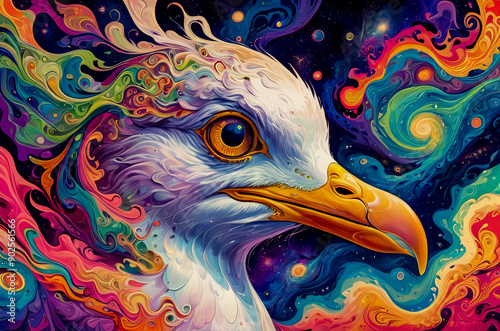 Seagull bird in fractals and swirls of psychedelic art photo