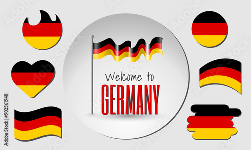 Set of Germany flags and waving Germany flag in vector with the inscription Welcome to Germany!