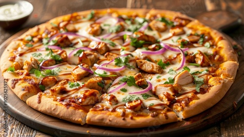 A BBQ chicken pizza topped with tender BBQ chicken, red onions, cilantro, and mozzarella cheese, all on a crispy crust. 