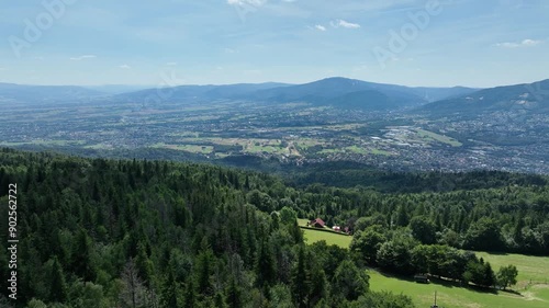 Beskid summer mountains panorama. Stunning Aerial Drone View of Summer Green Forests in the Beskid Mountains, Bielsko Biala, Magurka Wilkowicka.  photo