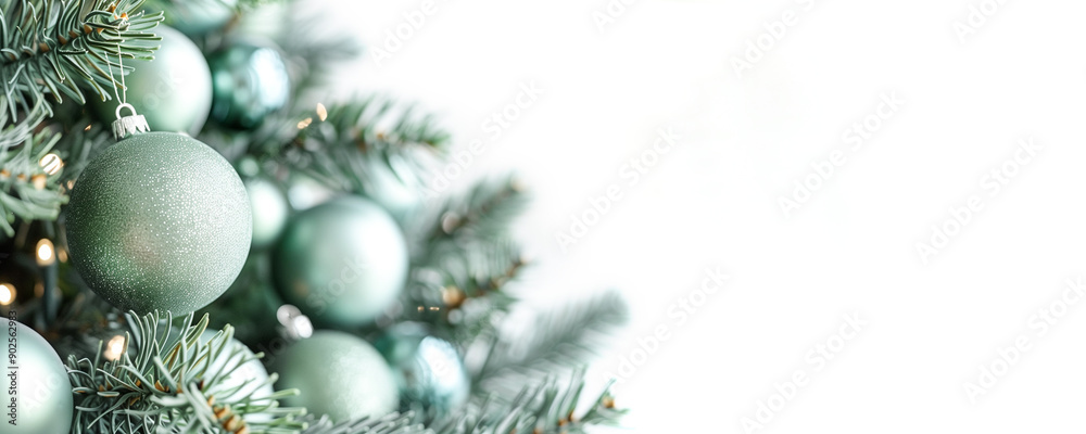 A Christmas banner with a pale green fir tree and New Year's glass balls on it. There is an empty space for text on the right. A Christmas banner with a pale green fir tree and New Year's glass balls on it. There is an empty space for text on the right.
