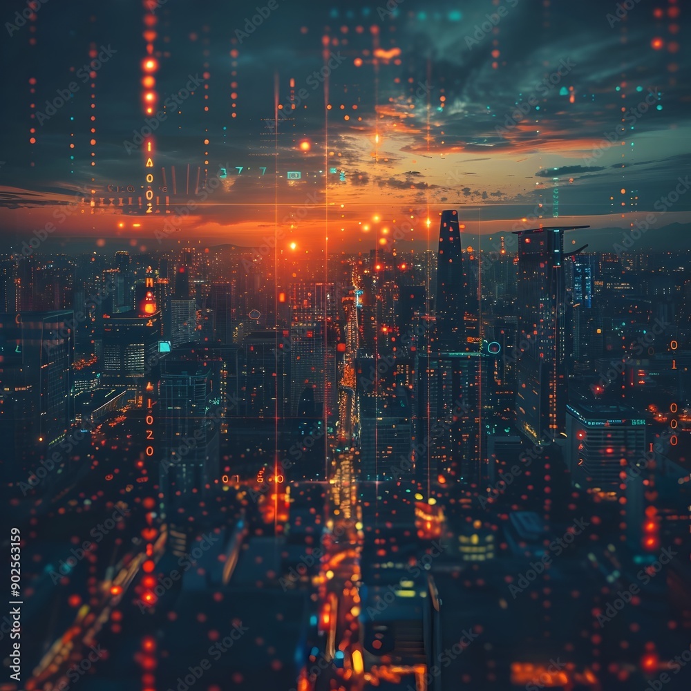 Fototapeta premium Digital Transformation Cityscape Morphing into Dynamic Grid Landscape