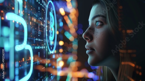 Woman with Bitcoin and technology, dark background, closeup, futuristic graphics, confident expression, modern and sleek