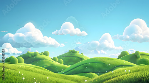 3D Rendering of Cartoon Green Hills under a Blue Sky