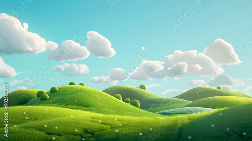 3D Rendering of Cartoon Green Hills under a Blue Sky