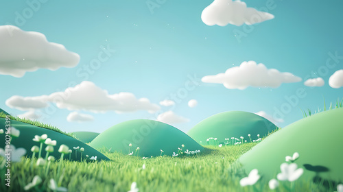 3D Rendering of Cartoon Green Hills under a Blue Sky