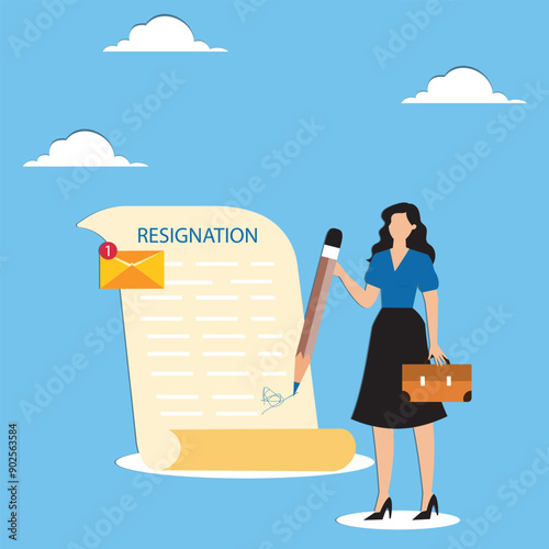 Professional write resignation letter to quit job or inform to leave company change new job or notify boss manager of dismissal concept businesswoman professional with pen writing resignation email
