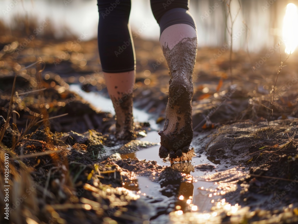 Woman walking in the mud, barenaked feet, sunlight reflection, blurry background, Woman walking in the mud, barenaked feet, sunlight reflection, blurry background,