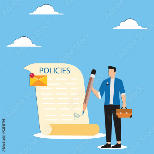 Company policies document legal of term and services agreement or process to follow corporate rules or guidance concept businessman holding pen with company policy document and business briefcase