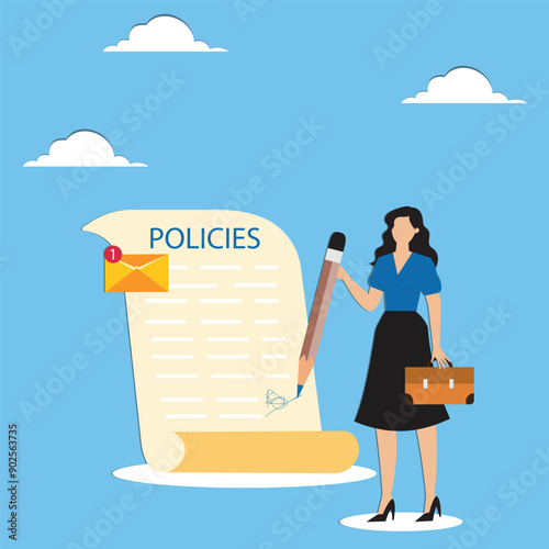 Company policies document legal of term and services agreement or process to follow corporate rules or guidance concept businesswoman holding pen with company policy document and business briefcase
