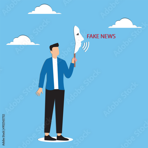 Dishonesty lies or scam fraud or fake hiding behind disguise mask business cheating or suspicion false or fake news concept dishonest businessman hiding behind disguise mask pretend to lying