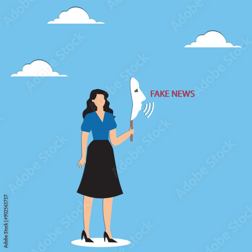 Dishonesty lies or scam fraud or fake hiding behind disguise mask business cheating or suspicion false or fake news concept dishonest businesswoman hiding behind disguise mask pretend to lying