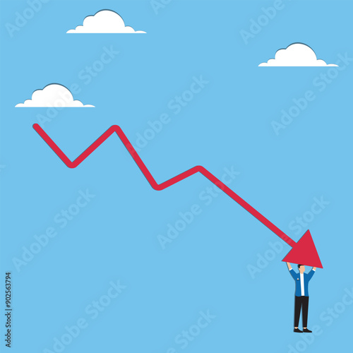 Economic recession stock market plunge or falling down cryptocurrency crash or financial crisis from inflation concept businessman investor standing on falling down red graph look for bottom