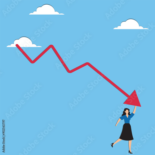 Economic recession stock market plunge or falling down cryptocurrency crash or financial crisis from inflation concept businesswoman investor standing on falling down red graph look for bottom