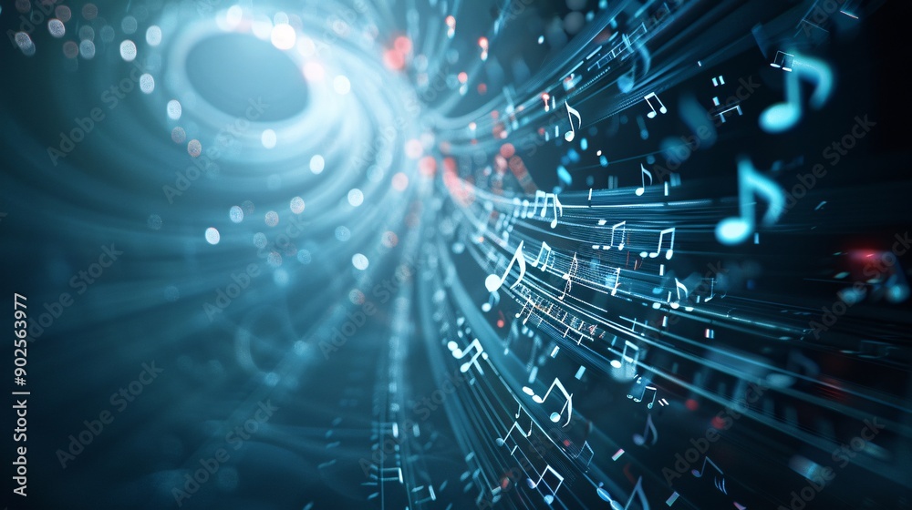 Abstract 3D spiral of glowing music notes, 3D background music, dynamic and captivating. Abstract 3D spiral of glowing music notes, 3D background music, dynamic and captivating.