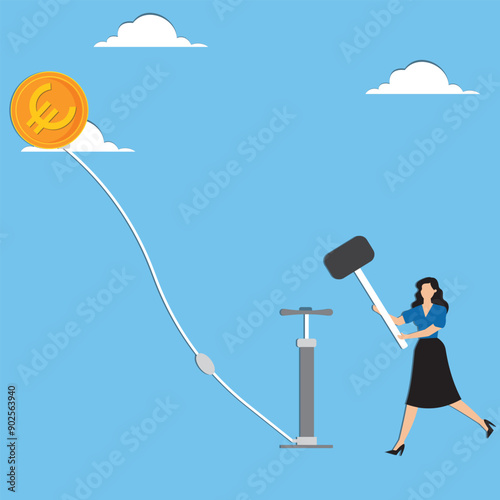Inflation in Europe causing by energy shortage interest rate policy to reduce inflation Euro recession or money devaluation concept businessman inflate air pump into floating Euro money coin