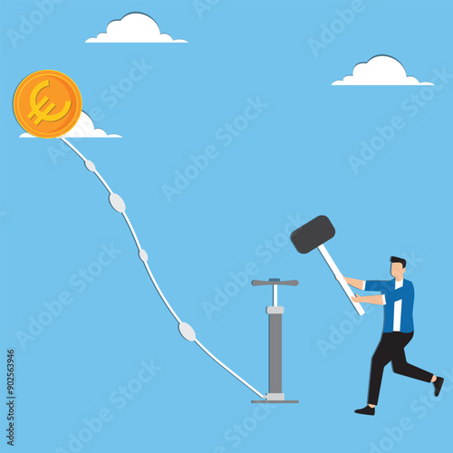 Inflation in Europe causing by energy shortage interest rate policy to reduce inflation Euro recession or money devaluation concept businesswoman inflate air pump into floating Euro money coin