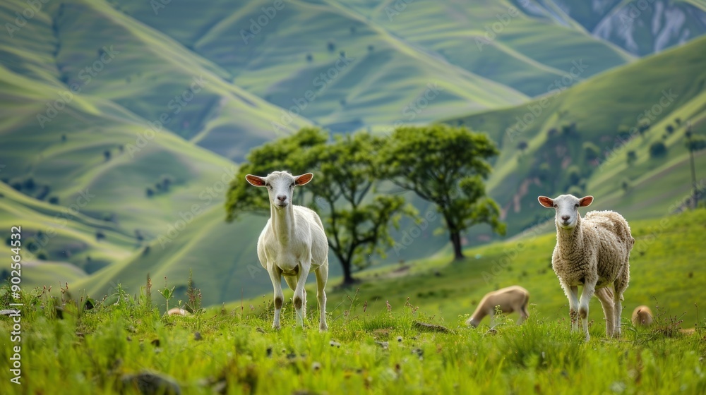 Naklejka premium Three goats on a meadow in the mountains. Beautiful rural landscape.
