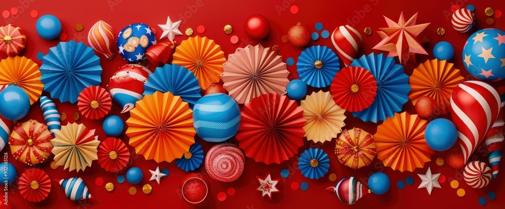 Happy Independence Day America Concept, A Flat Lay Composition With Paper Fans And Fireworks, Celebrating Patriotism Happy Independence Day America Concept, A Flat Lay Composition With Paper Fans And Fireworks, Celebrating Patriotism