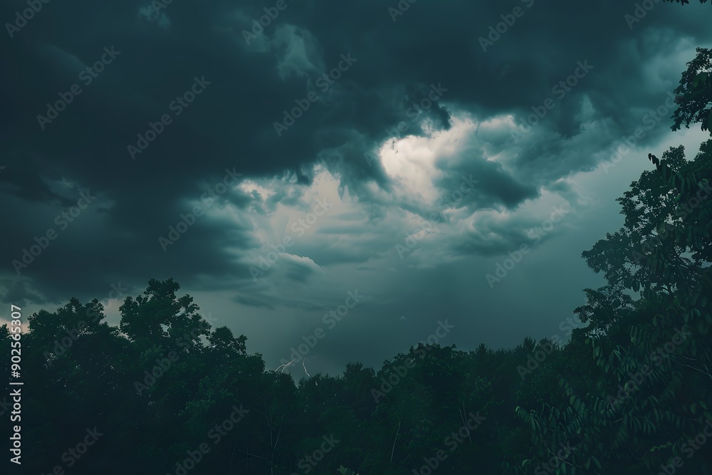 Dramatic storm clouds loom over a lush green landscape. Dramatic storm clouds loom over a lush green landscape.