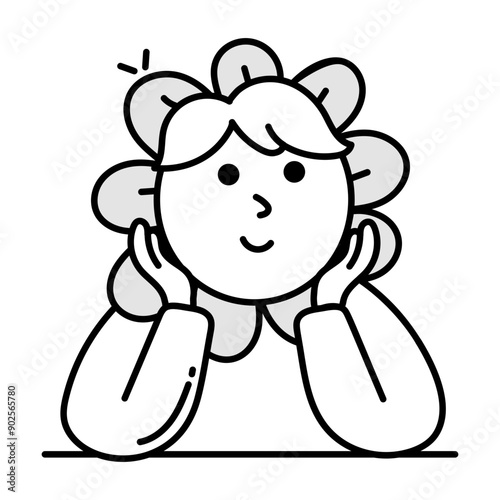 A doodle icon of cute girl thinking 