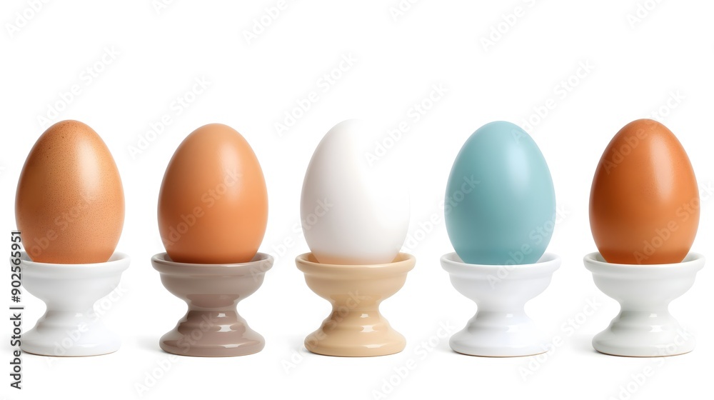 Set of eggs in egg cups, isolated n white background, collage graphics. Easter. Set of eggs in egg cups, isolated n white background, collage graphics. Easter.