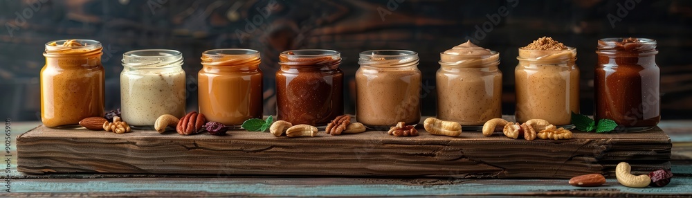 An assortment of delicious nut butters in jars, showcasing creamy textures and rich flavors on a wooden surface. An assortment of delicious nut butters in jars, showcasing creamy textures and rich flavors on a wooden surface.