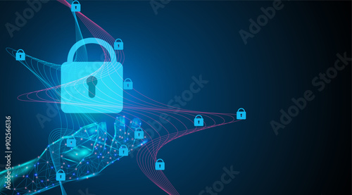 Vector illustration. Cyber security system, hand and lock connecting. Abstract technology blue background