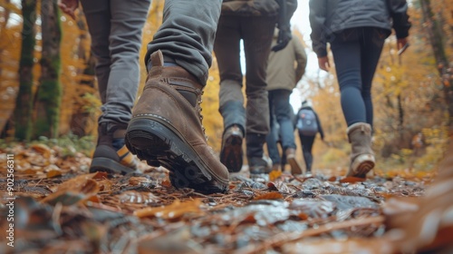 Group of tourists walks along the path of the autumn forest. Feet close-up. Traveling in a small group