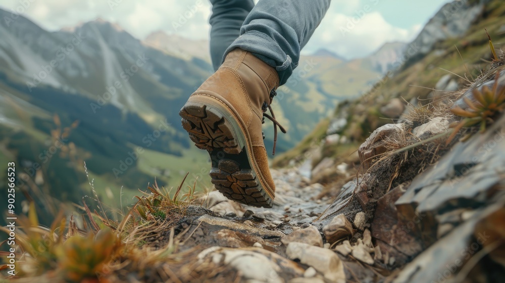 Man hiking up a mountain trail with a close-up of his leather hiking boots. The hiker shown in motion, with one foot lifted off the ground and the other planted on the mountain trail Man hiking up a mountain trail with a close-up of his leather hiking boots. The hiker shown in motion, with one foot lifted off the ground and the other planted on the mountain trail