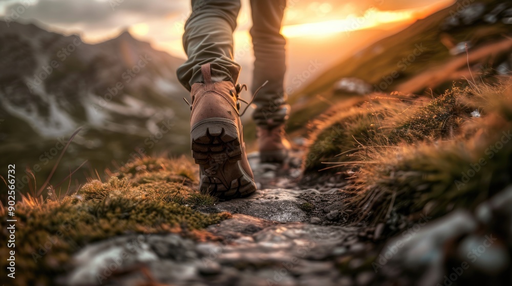 Man hiking up a mountain trail with a close-up of his leather hiking boots. The hiker shown in motion, with one foot lifted off the ground and the other planted on the mountain trail Man hiking up a mountain trail with a close-up of his leather hiking boots. The hiker shown in motion, with one foot lifted off the ground and the other planted on the mountain trail