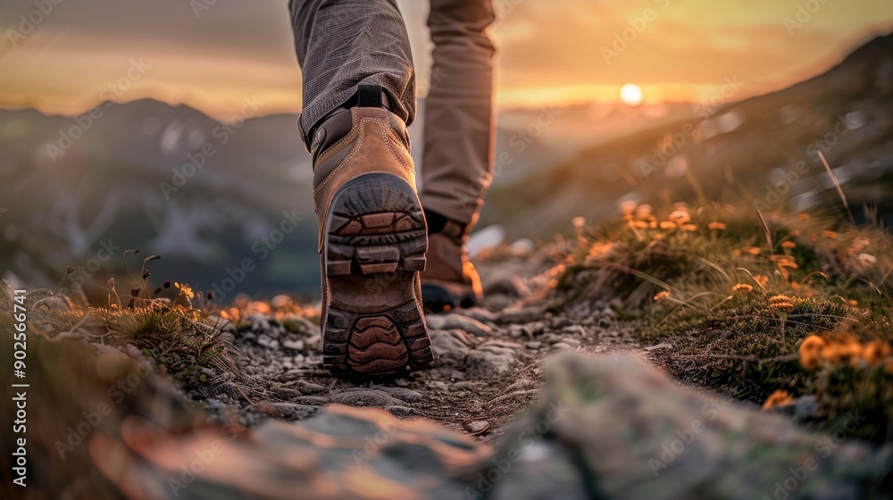 Man hiking up a mountain trail with a close-up of his leather hiking boots. The hiker shown in motion, with one foot lifted off the ground and the other planted on the mountain trail
