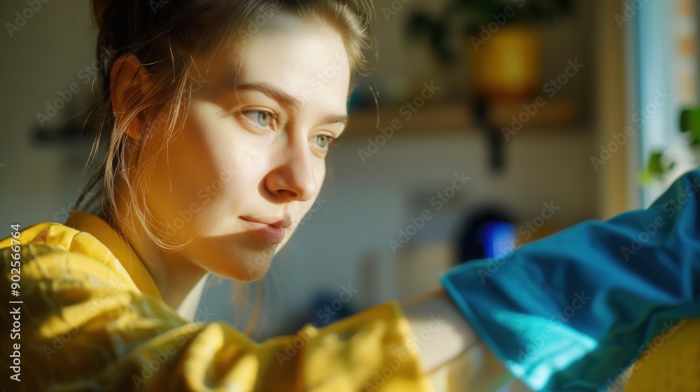 Tired unhappy woman in apron and rubber gloves, housewife cleaning floor with steam mop in kitchen, with bored expression on face Tired unhappy woman in apron and rubber gloves, housewife cleaning floor with steam mop in kitchen, with bored expression on face