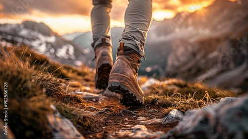 Man hiking up a mountain trail with a close-up of his leather hiking boots. The hiker shown in motion, with one foot lifted off the ground and the other planted on the mountain trail