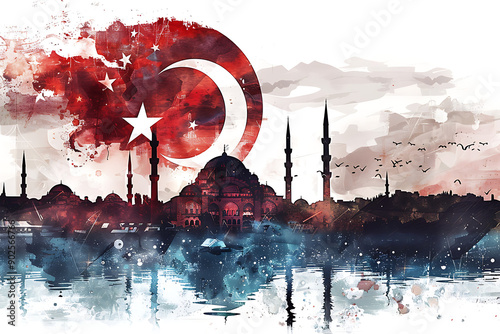 watercolor flag of turkey ,Turkey raised fist with powder explosion, power, protest concept