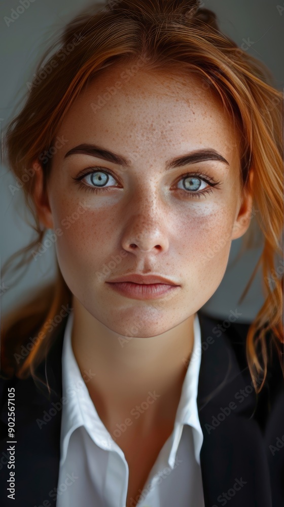 A woman with blue eyes and red hair is wearing a black jacket and white shirt A woman with blue eyes and red hair is wearing a black jacket and white shirt