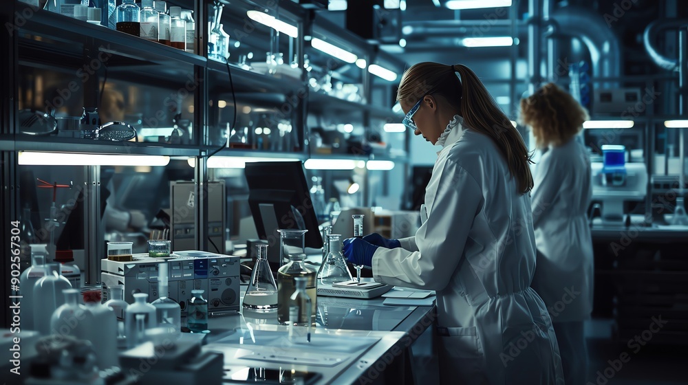 A group of diverse scientists collaborating in a modern laboratory A group of diverse scientists collaborating in a modern laboratory